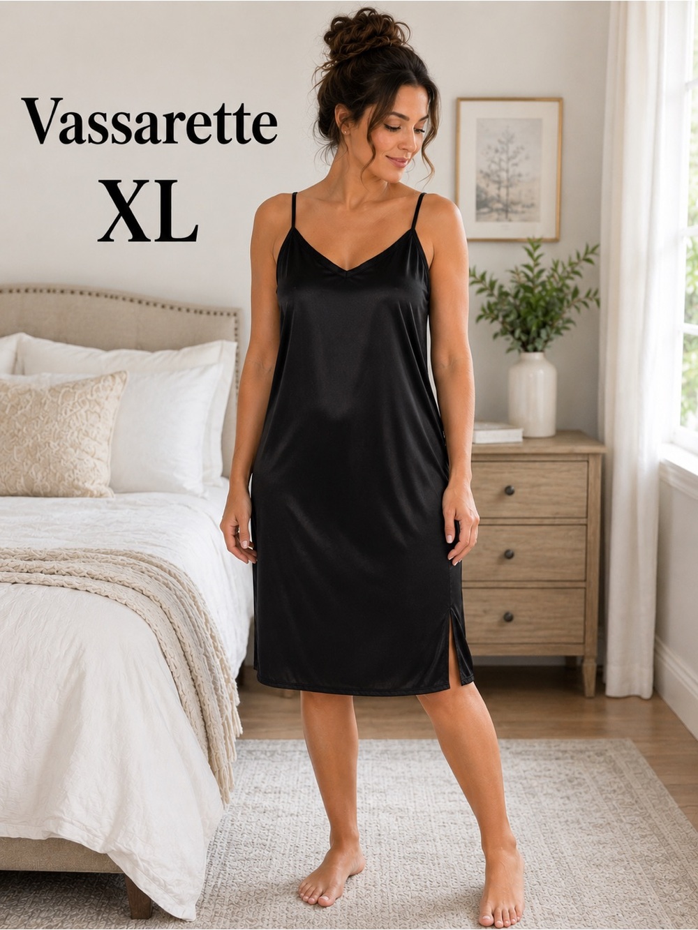 Vassarette Black Satin Slip Dress Chemise XL Side Slit Sleepwear